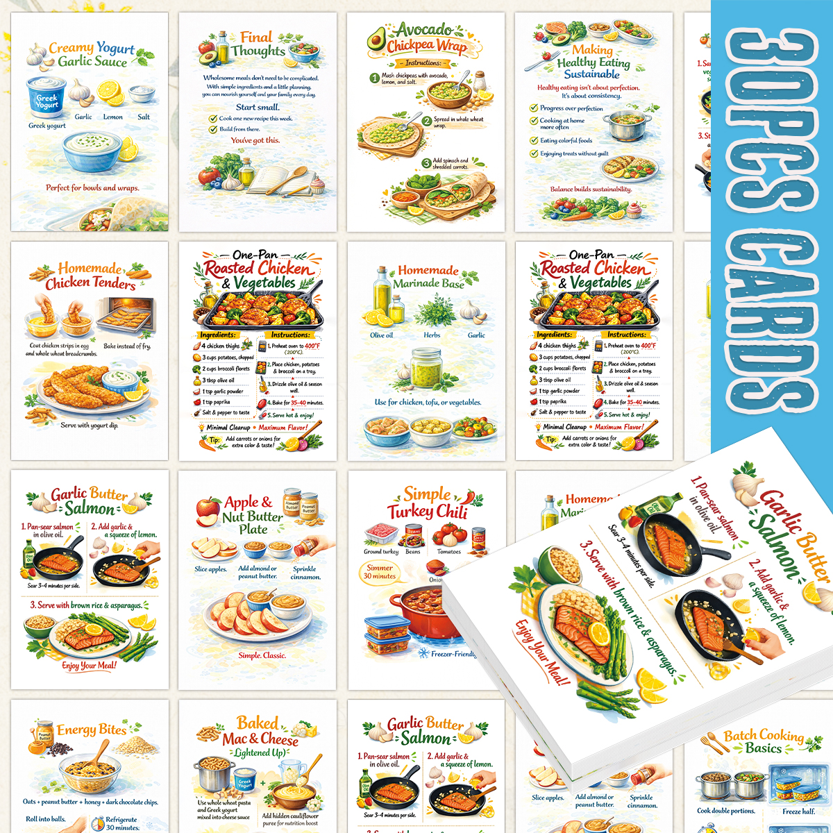 Meal Prep Simple - 30pcs Wholesome Meals Recipe Cards,Simple Healthy
