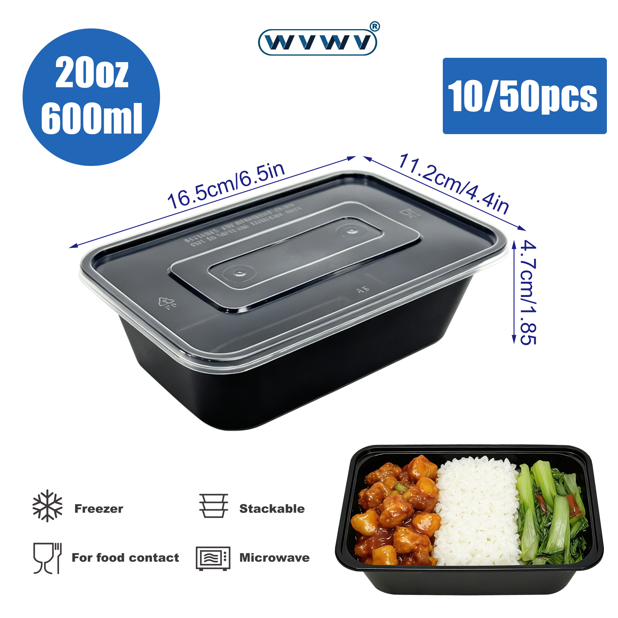 Meal Prep Chef - 10/50Pcs 20Oz/600Ml Black Lunch Boxes, Food