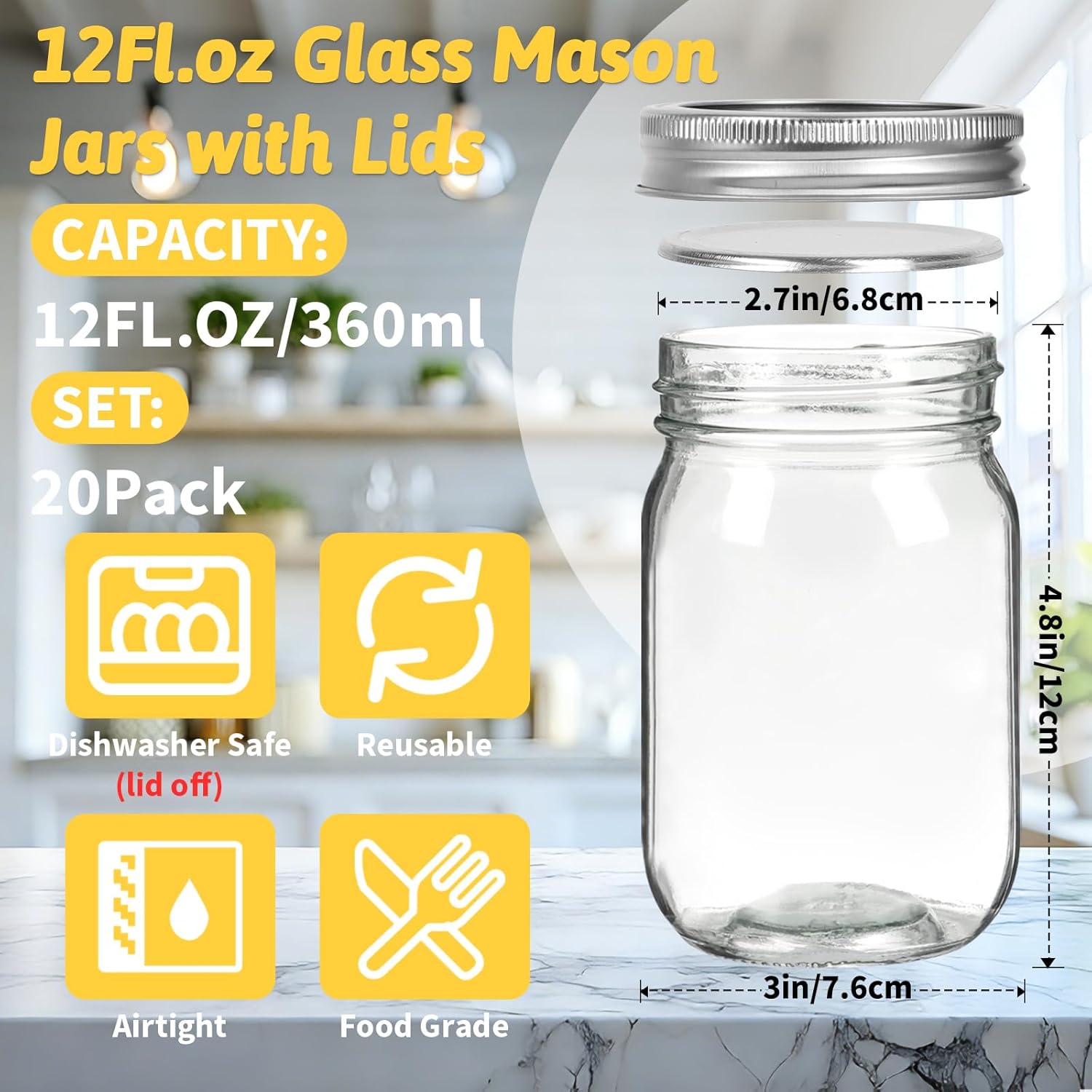 12 oz    Jars with Lids 20 Pac - Meal Prep Jars With Lids 评论和价格