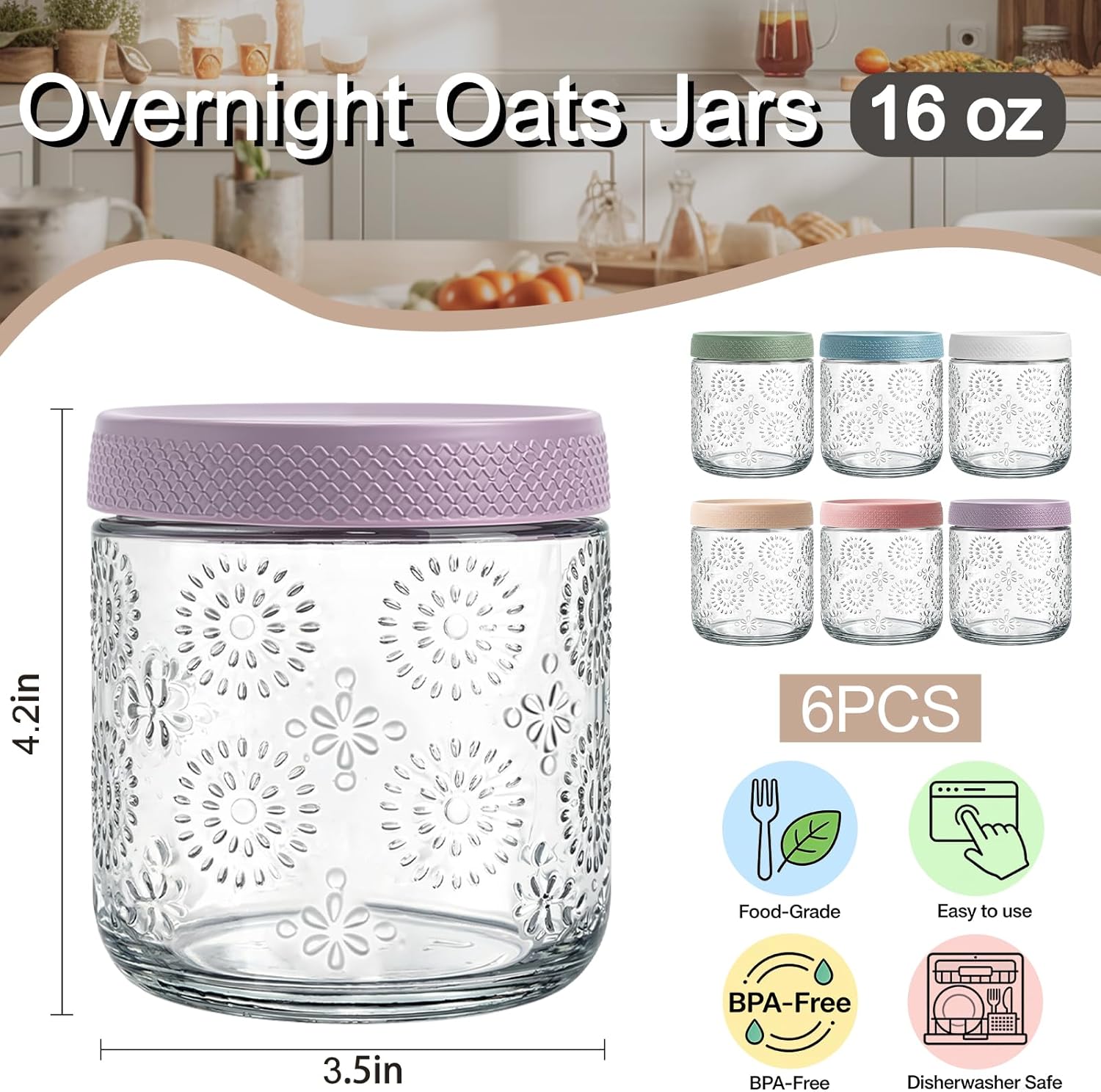 6 Pack 16 oz Overnight Oats Co - Meal Prep Jars With Lids 评论和价格